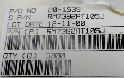 New Lot of 5000 New KOA Speer RM73B2AT105J Thick Film Resistor, 150V ±5% 1M Ohm