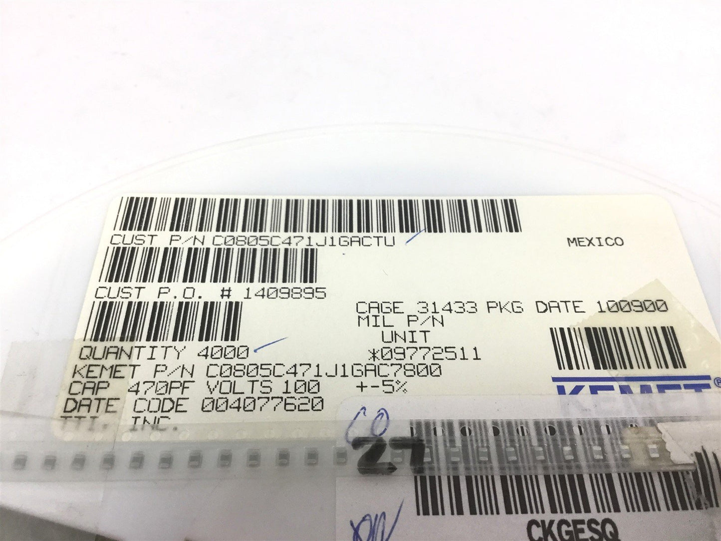 New Lot of 4000 New Kemet C0805C471J1GACTU Multilayer Ceramic Capacitor, 470 pF 100V