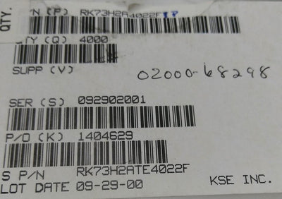 New Lot of 4000 New KOA Speer RK73H2ATE4022F Thick Film Resistor .125W ±1% 40.2k Ohm