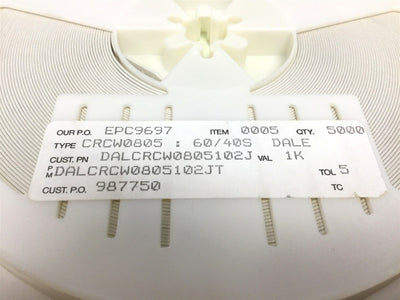 New Lot of 5000 New Vishay CRCW0805102JT Thick Film Resistor, Resistance: 102 Ohm
