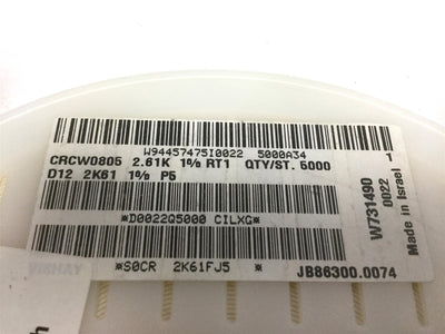 New Lot of 5000 New Vishay CRCW08052611FRT1 Chip Resistor, Resistance: 2.61K Ohms