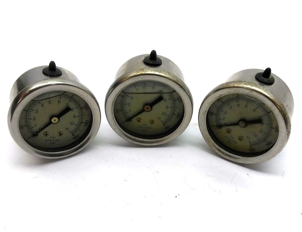 Used Lot of 3 Liquid Filled Pressure Gauge 1.57" Face 0-160PSI Back 1/8"NPT Stainless