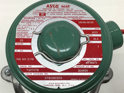 Used ASCO EF8215C053 Red-Hat Aluminum Solenoid Valve Fuel Gas 25 PSI, 120VAC, 1" NPT