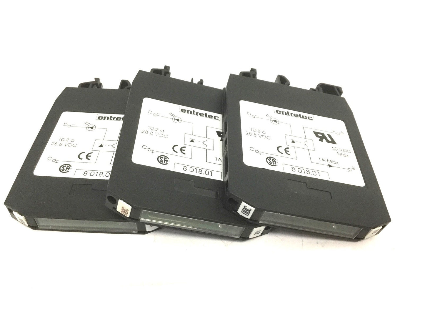 Used Lot of 3 Entrelec 8018.01 Optocoupler Modules, In: 28.8VDC 10.2A, Out: 60VDC 1A