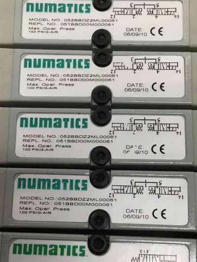 Used Bank of 8 Numatics 052BBDZ2ML, 052BA4Z2ML Solenoid Valves w/ Manifold 24VDC