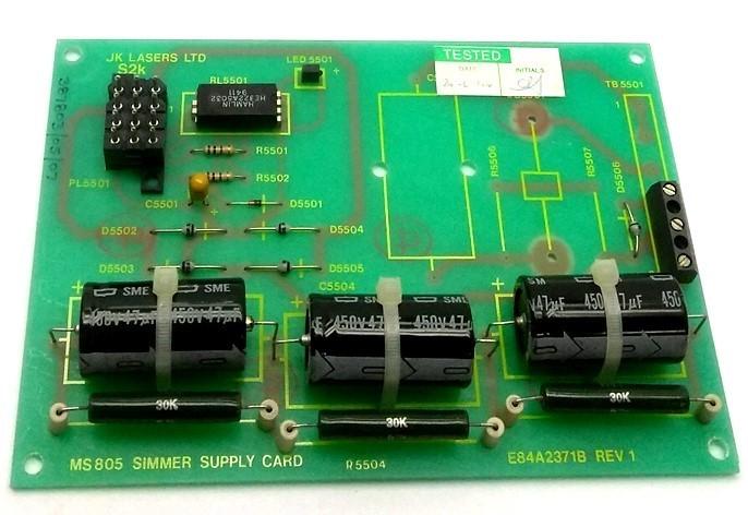 Used JK Lasers E84A2371B Rev 1 Simmer Supply Card, 3 Screw Terminal, 3 Caps 450V 47µF
