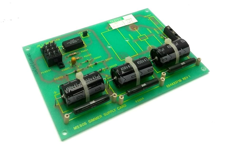 Used JK Lasers E84A2371B Rev 1 Simmer Supply Card, 3 Screw Terminal, 3 Caps 450V 47µF