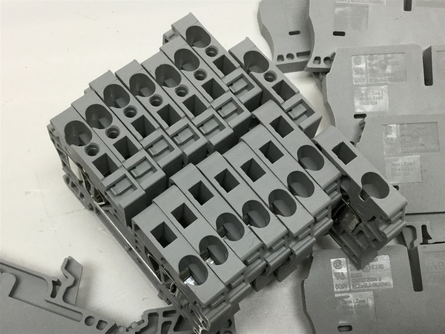 Used Lot of 35 AB Allen Bradley 1492-L4 Spring Clamp Screwless Terminal Blocks, Gray