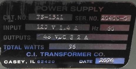 Used Tellabs PS-1511 Telephone Power Supply, In: 120VAC 60Hz 1.4A Out: 48VDC 2A 96W