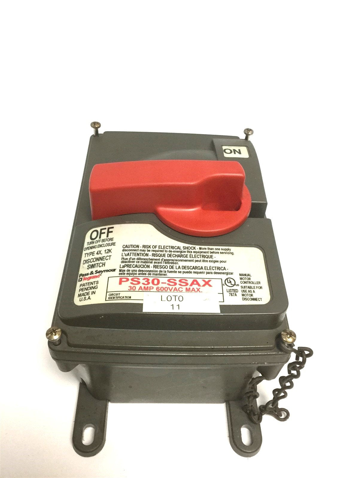 Used Pass and Seymour PS30-SS Circuit-Lock Safety Disconnect Switch 30A 600VAC Rating