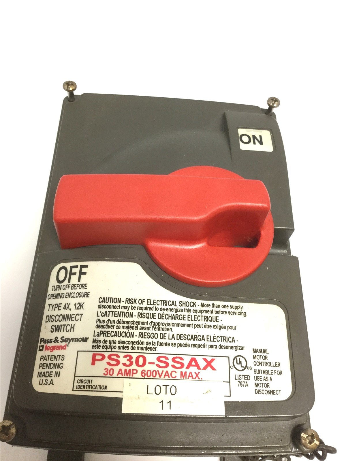 Used Pass and Seymour PS30-SS Circuit-Lock Safety Disconnect Switch 30A 600VAC Rating