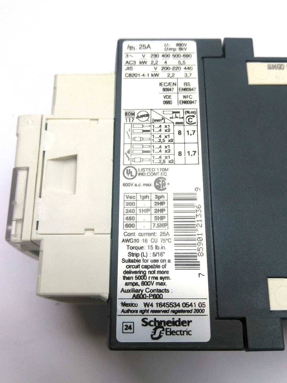 Used Square D LC1D09BD Contactor, 3-Pole N.O., 9A, 600V 7.5HP, Coil: 24VDC