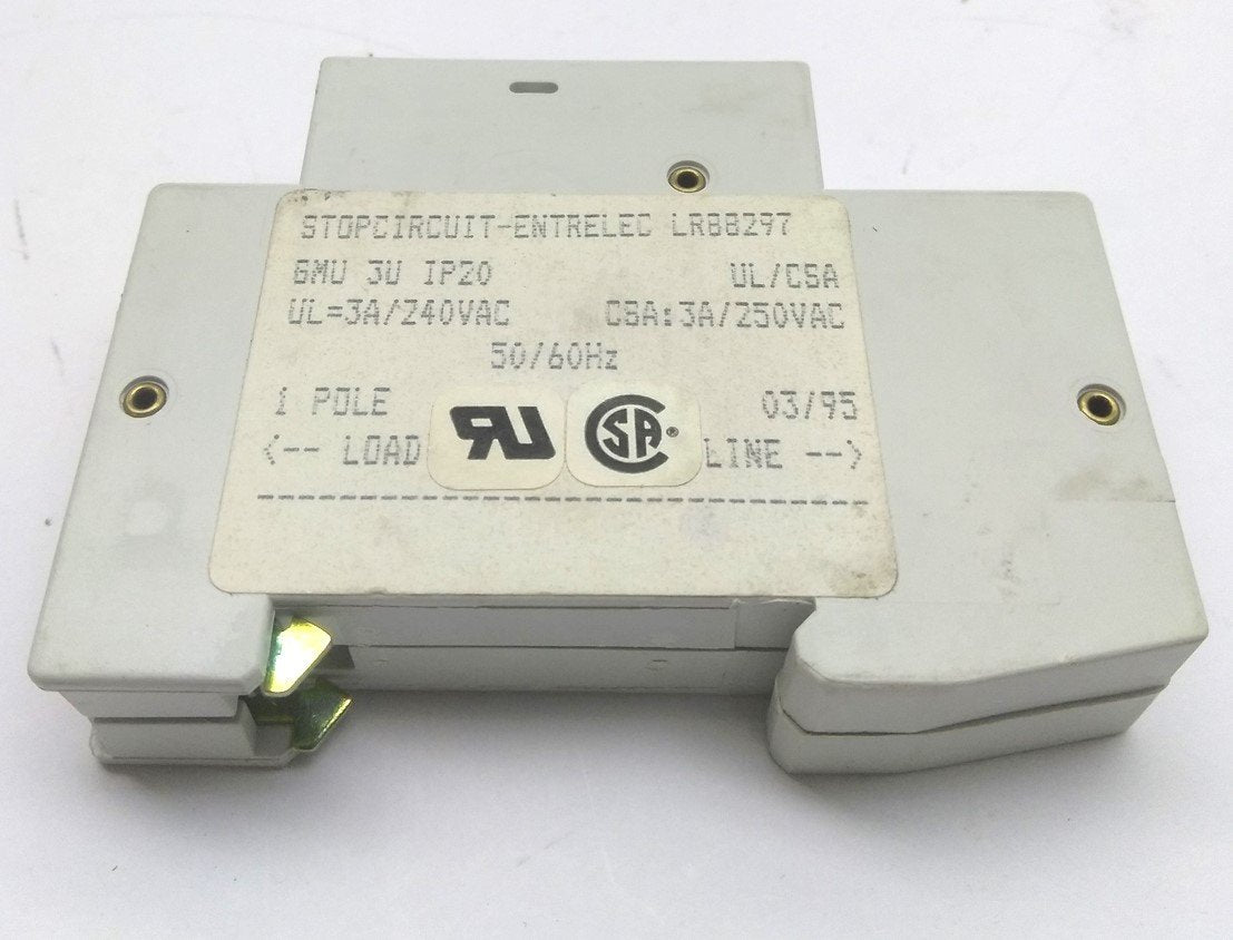 Used Lot of 2 Entrelec GMU 3 U Circuit Breakers, 1 Pole, 3A, 240-415VAC, DIN Rail