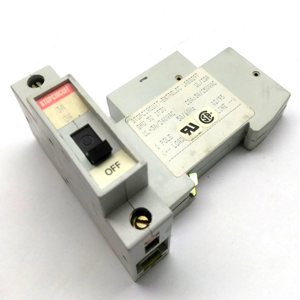 Used Lot of 2 Entrelec GMU 3 U Circuit Breakers, 1 Pole, 3A, 240-415VAC, DIN Rail