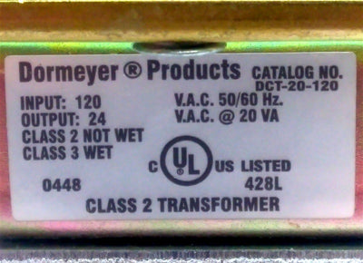 Used Dormeyer DCT-20-120 Transformer, In: 120VAC Out: 24VAC 20VA w/ Mounting Bracket