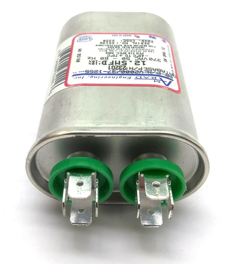 Used Amrad V2000/37-1255 Oval Capacitor, 12.5MFD ±10%, 370VAC 50-60Hz