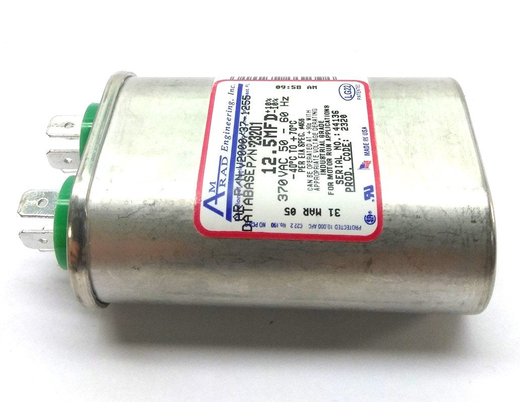 Used Amrad V2000/37-1255 Oval Capacitor, 12.5MFD ±10%, 370VAC 50-60Hz