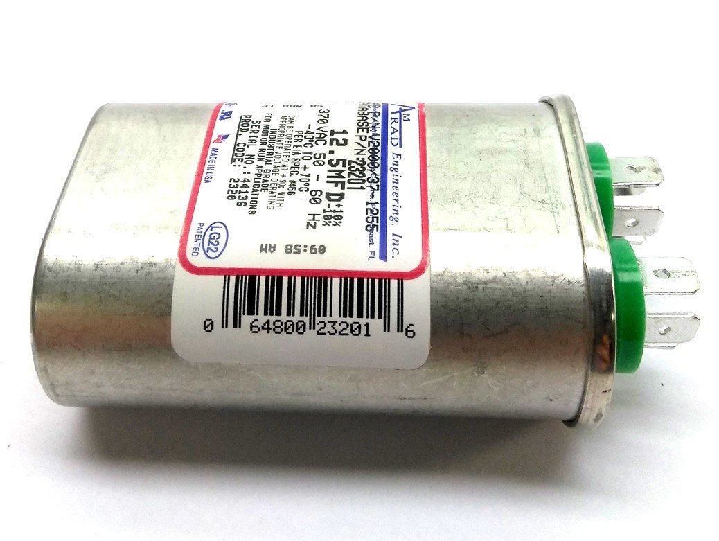 Used Amrad V2000/37-1255 Oval Capacitor, 12.5MFD ±10%, 370VAC 50-60Hz