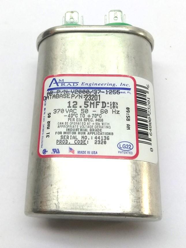 Used Amrad V2000/37-1255 Oval Capacitor, 12.5MFD ±10%, 370VAC 50-60Hz