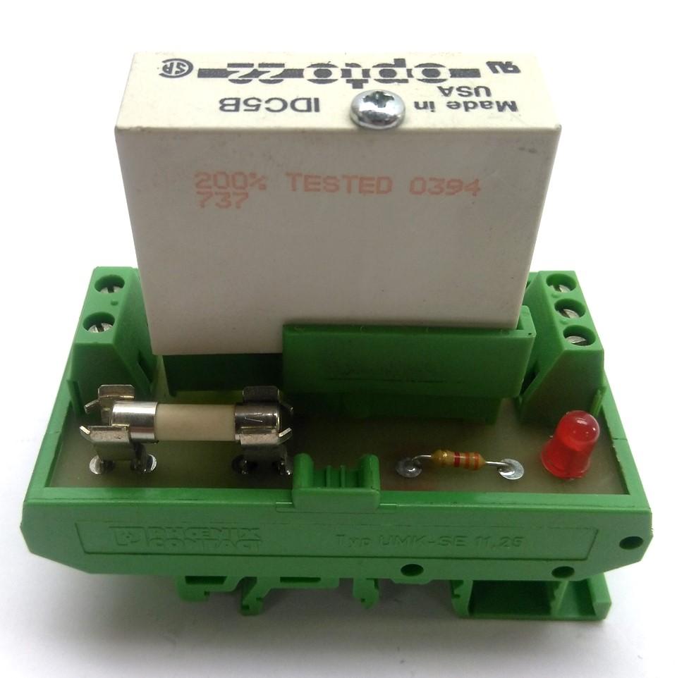 Used Phoenix Contact ESC-1 Relay Base Module, DIN Rail, LED, w/ Opto22 IDC5B Relay