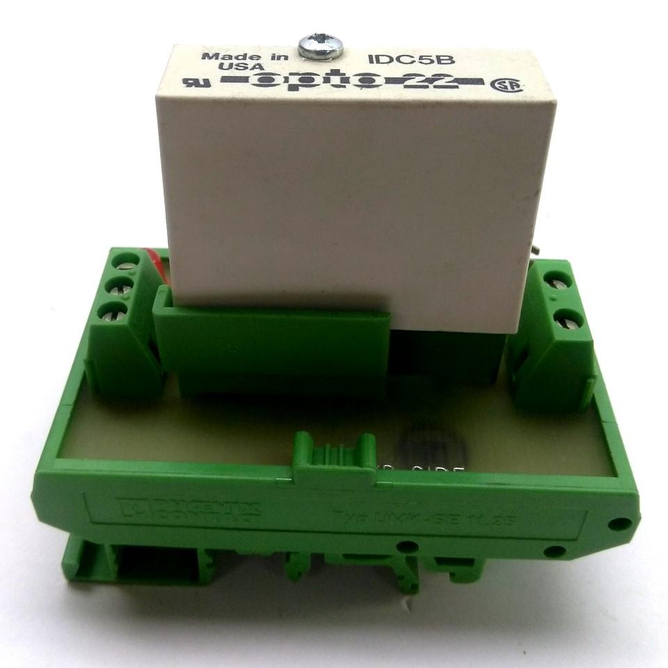 Used Phoenix Contact ESC-1 Relay Base Module, DIN Rail, LED, w/ Opto22 IDC5B Relay