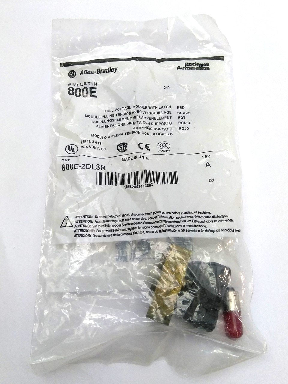 New Allen-Bradley 800E-2DL3R Lamp Assembly, Red LED, 1 Pole, 22.5mm, 24VAC/DC