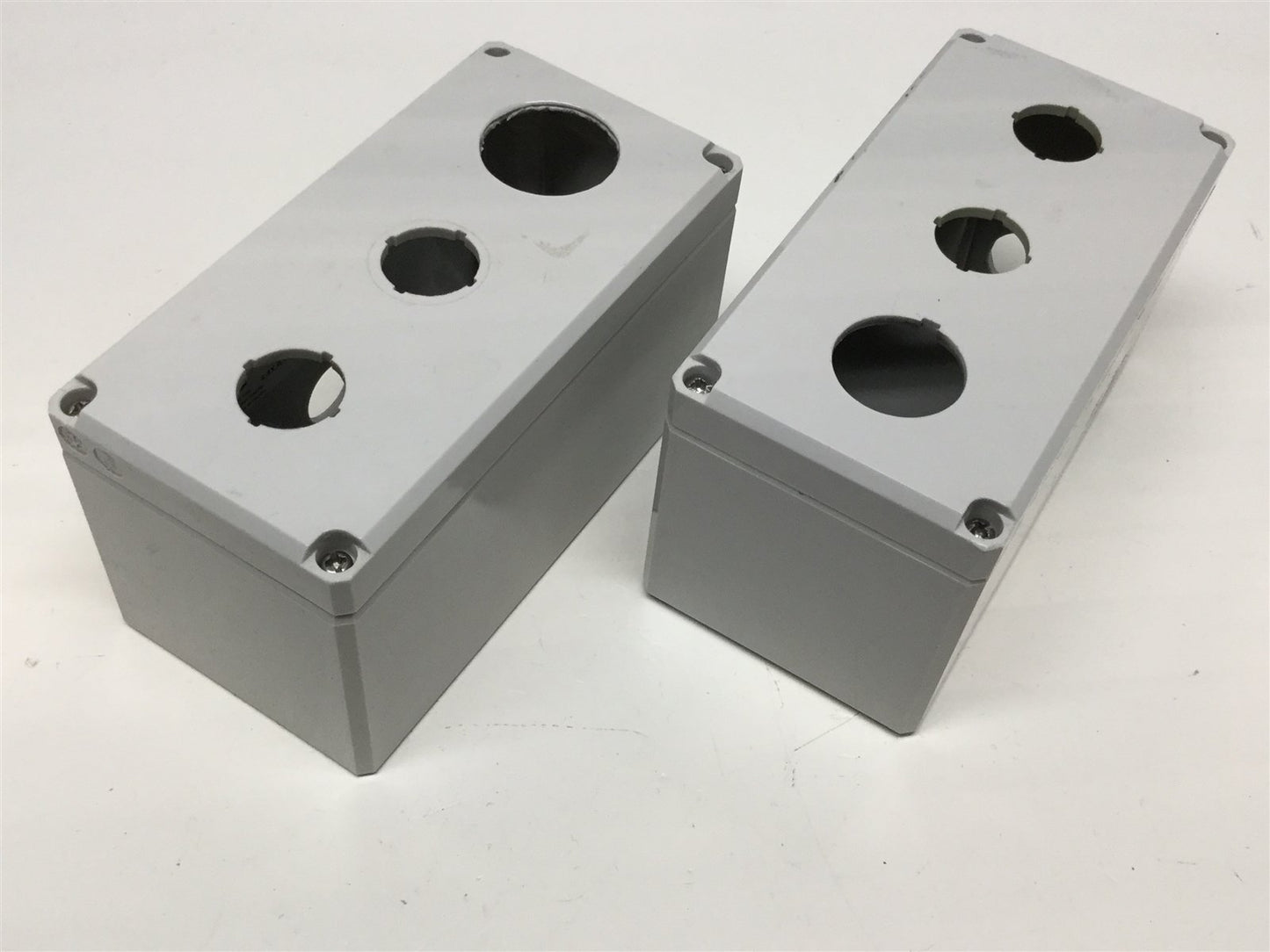 Used Lot of 2 Hoffman Q3PBPCDM 3-Hole Pushbutton Enclosures, 3" x 6" x 3" *w/ Holes*
