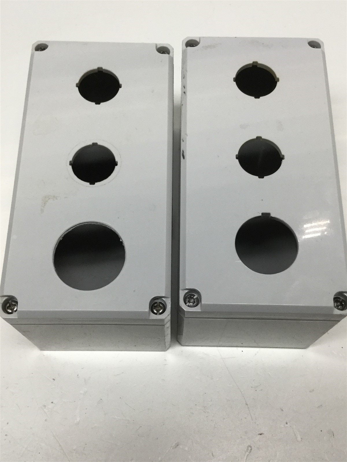 Used Lot of 2 Hoffman Q3PBPCDM 3-Hole Pushbutton Enclosures, 3" x 6" x 3" *w/ Holes*