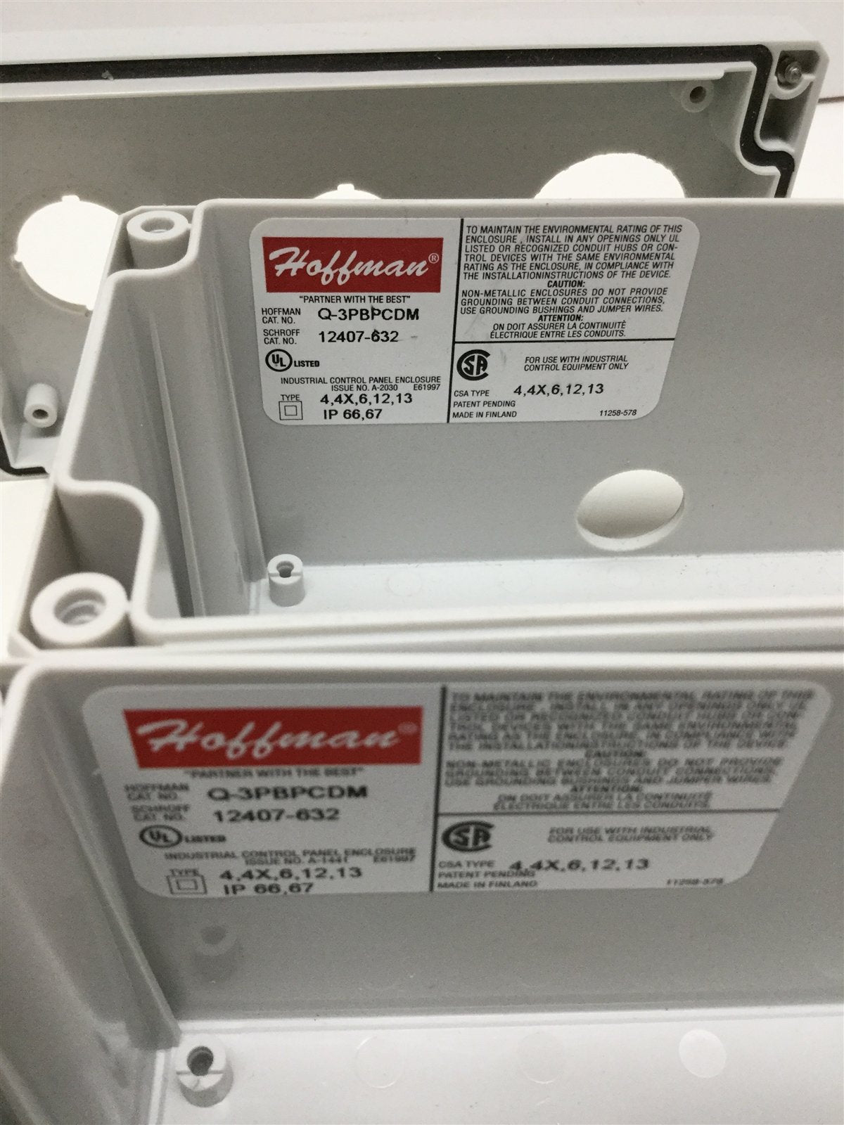 Used Lot of 2 Hoffman Q3PBPCDM 3-Hole Pushbutton Enclosures, 3" x 6" x 3" *w/ Holes*