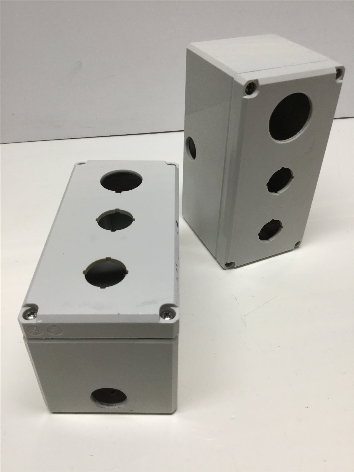 Used Lot of 2 Hoffman Q3PBPCDM 3-Hole Pushbutton Enclosures, 3" x 6" x 3" *w/ Holes*