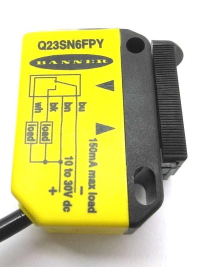 Used Banner Q23SN6FPY Plastic Fiber Optic Sensor, NPN, NO, 1ms Response, 2m, 10-30VDC
