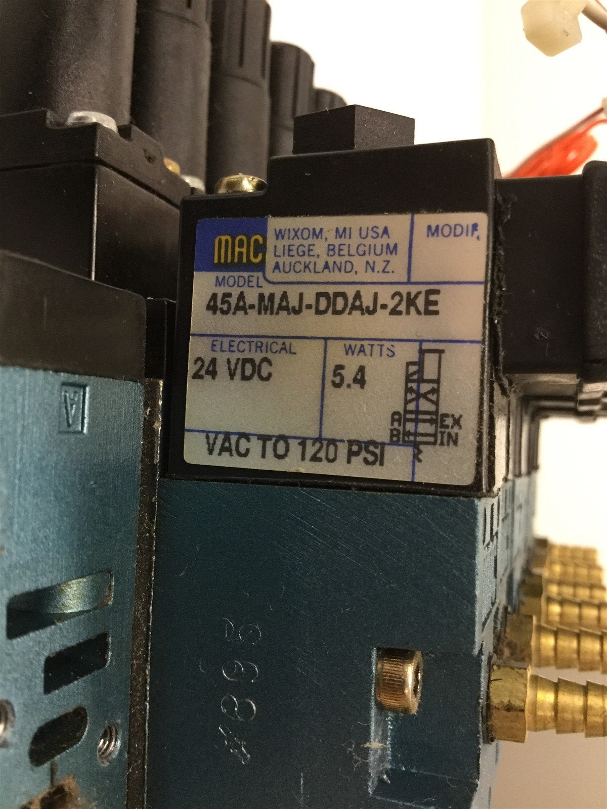 Used Lot of 7 MAC Solenoid Valves, (1x 45A-MAC-DDAJ-2KE, 6x 45A-MAJ-DDAJ-2KE), 24VDC