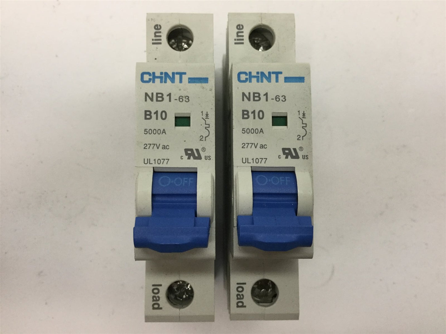 Used Lot of 2 CHINT NB1-63 B10 Circuit Breakers, 1-Pole, Rating: 10A 277VAC 110VDC