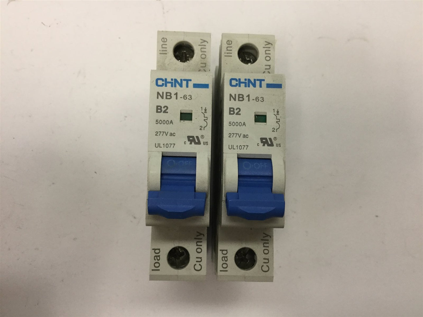 Used Lot of 2 CHINT NB1-63 B2 Circuit Breakers, 1-Pole, Rating: 2A 277VAC 110VDC