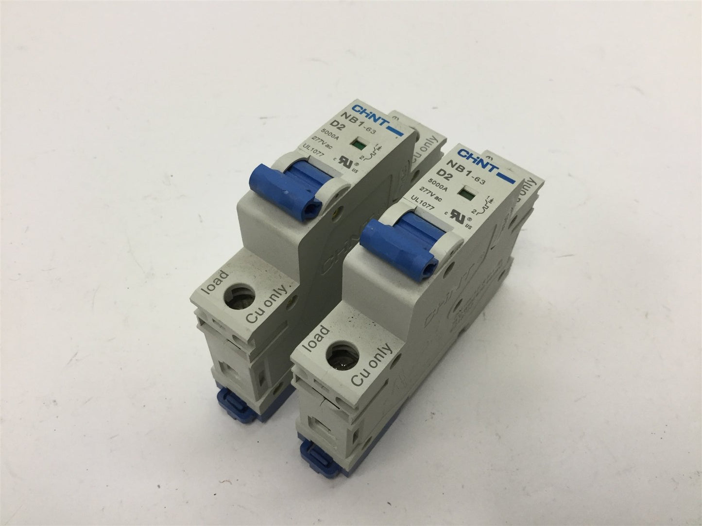 Used Lot of 2 CHINT NB1-63 D2 Circuit Breakers, 1-Pole, Rating: 2A 277VAC, DIN Rail