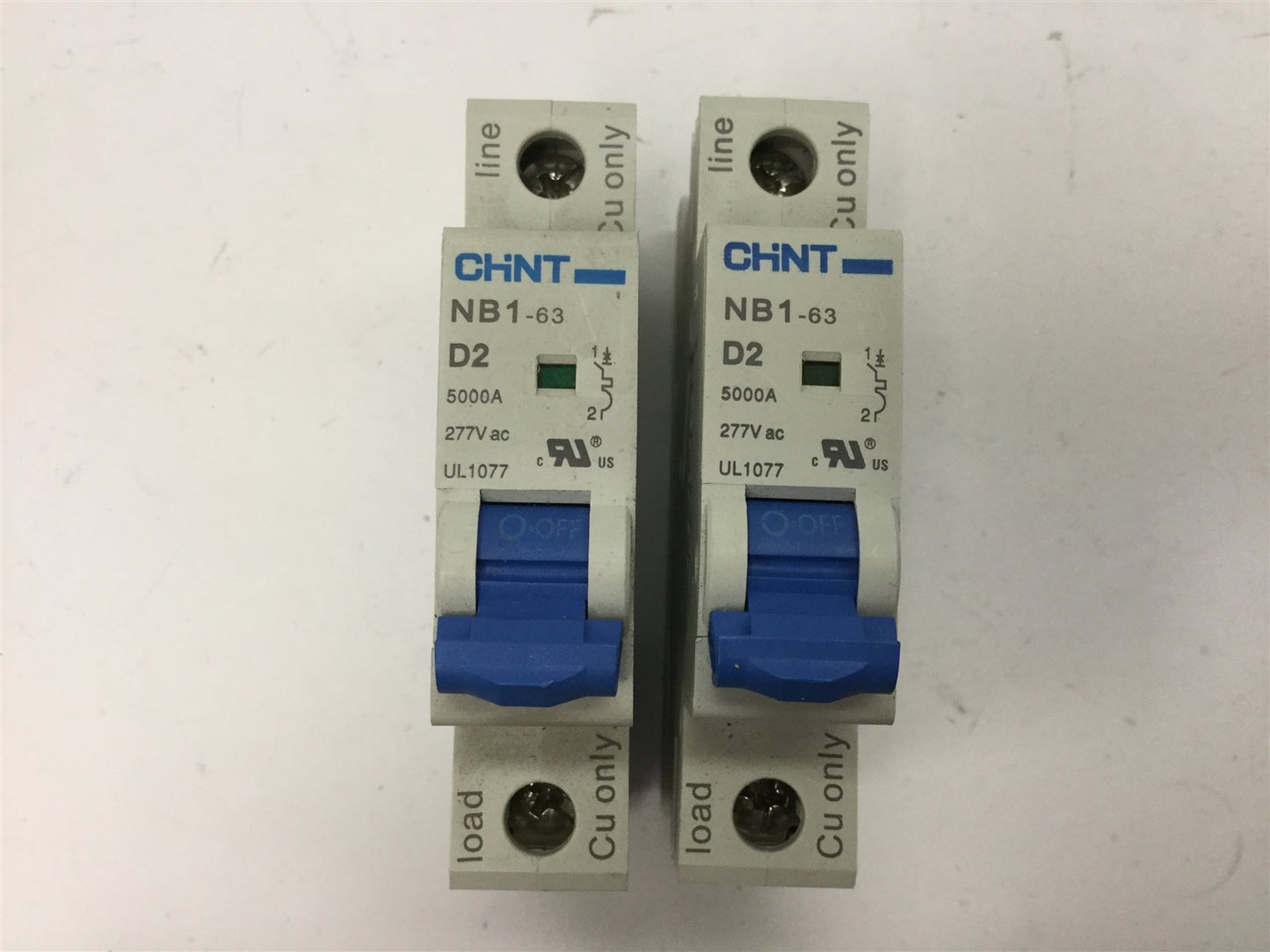 Used Lot of 2 CHINT NB1-63 D2 Circuit Breakers, 1-Pole, Rating: 2A 277VAC, DIN Rail