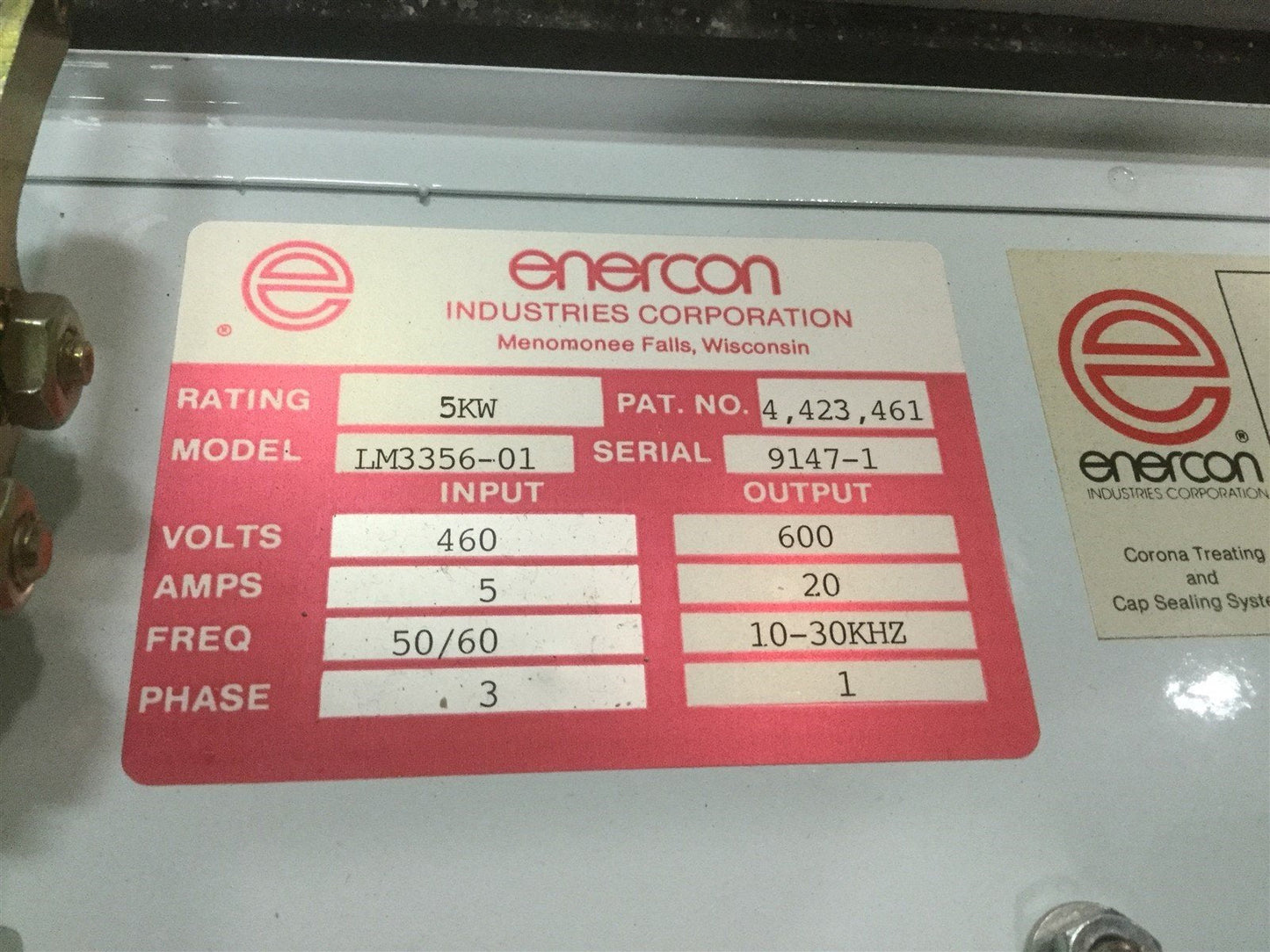 Used Enercon LM3356-01 Power Supply For Corona Treating 5kW In: 460V 3Ø Out: 600V 1Ø