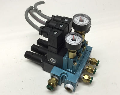 Used Bank of 3 MAC 35A-FAJ-DDAJ-1KA Solenoid Valve w/Regulator and Gauge 24VDC 120psi