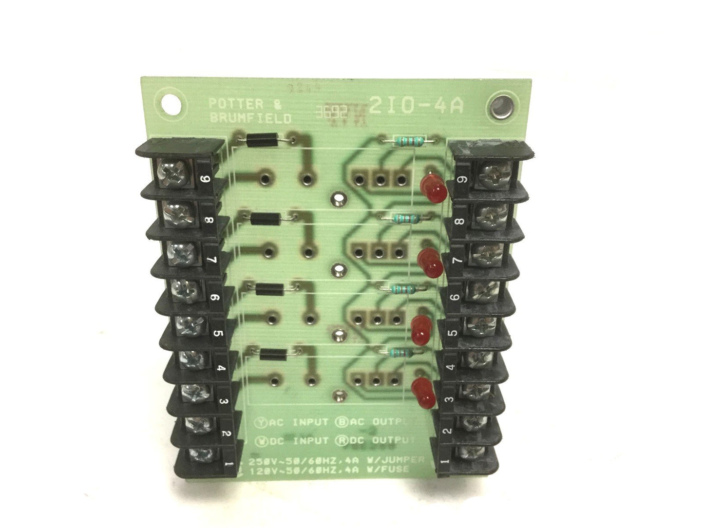 Used Potter & Brumfield 2IO-4A Solid State Relay Interface Board, 4-Slots, 150-250VAC