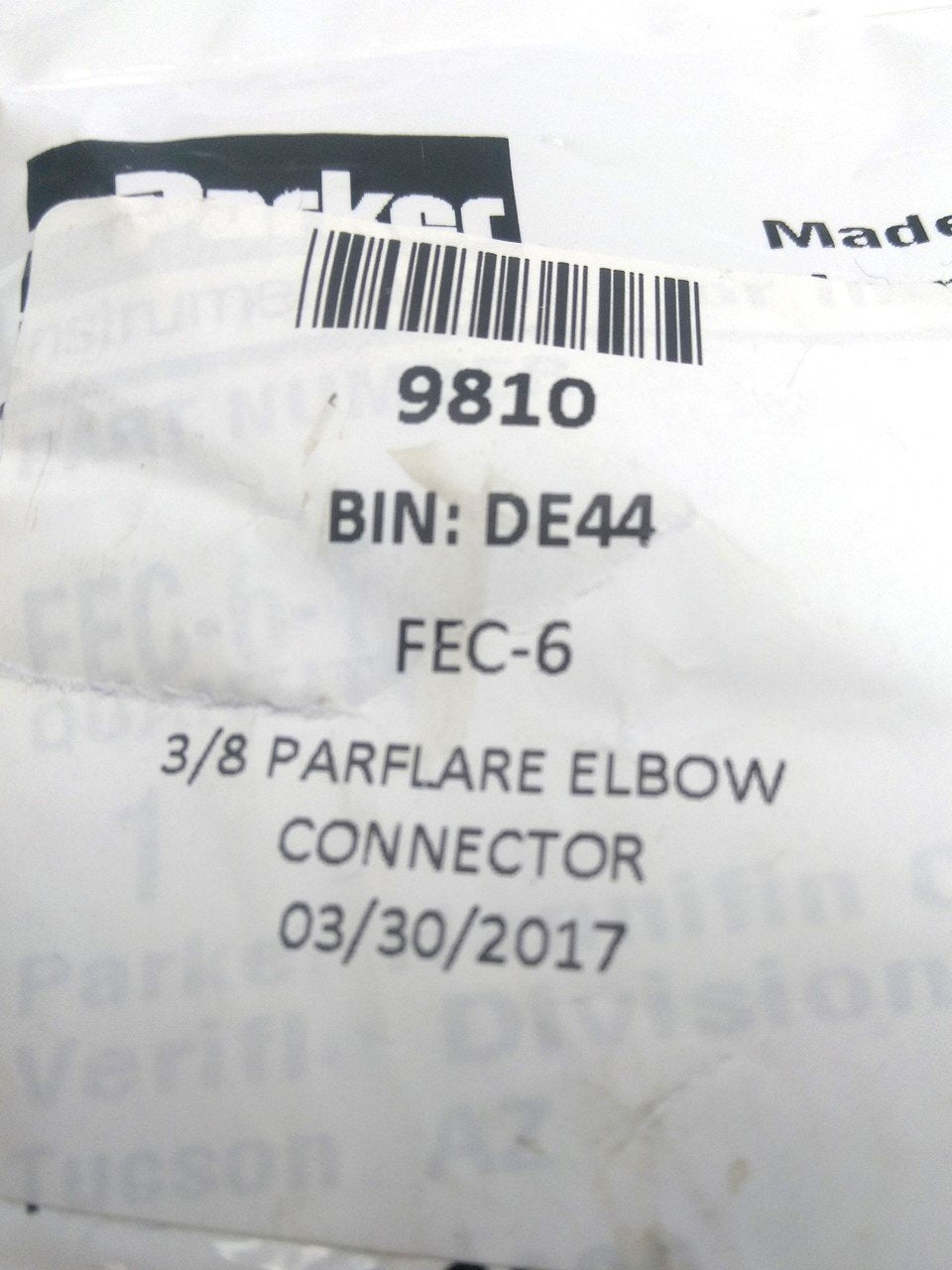 New Parker FEC-6 Parflare Elbow Connector, 3/8" to 3/8" Tube, PFA