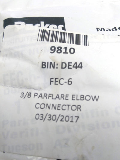 New Parker FEC-6 Parflare Elbow Connector, 3/8" to 3/8" Tube, PFA