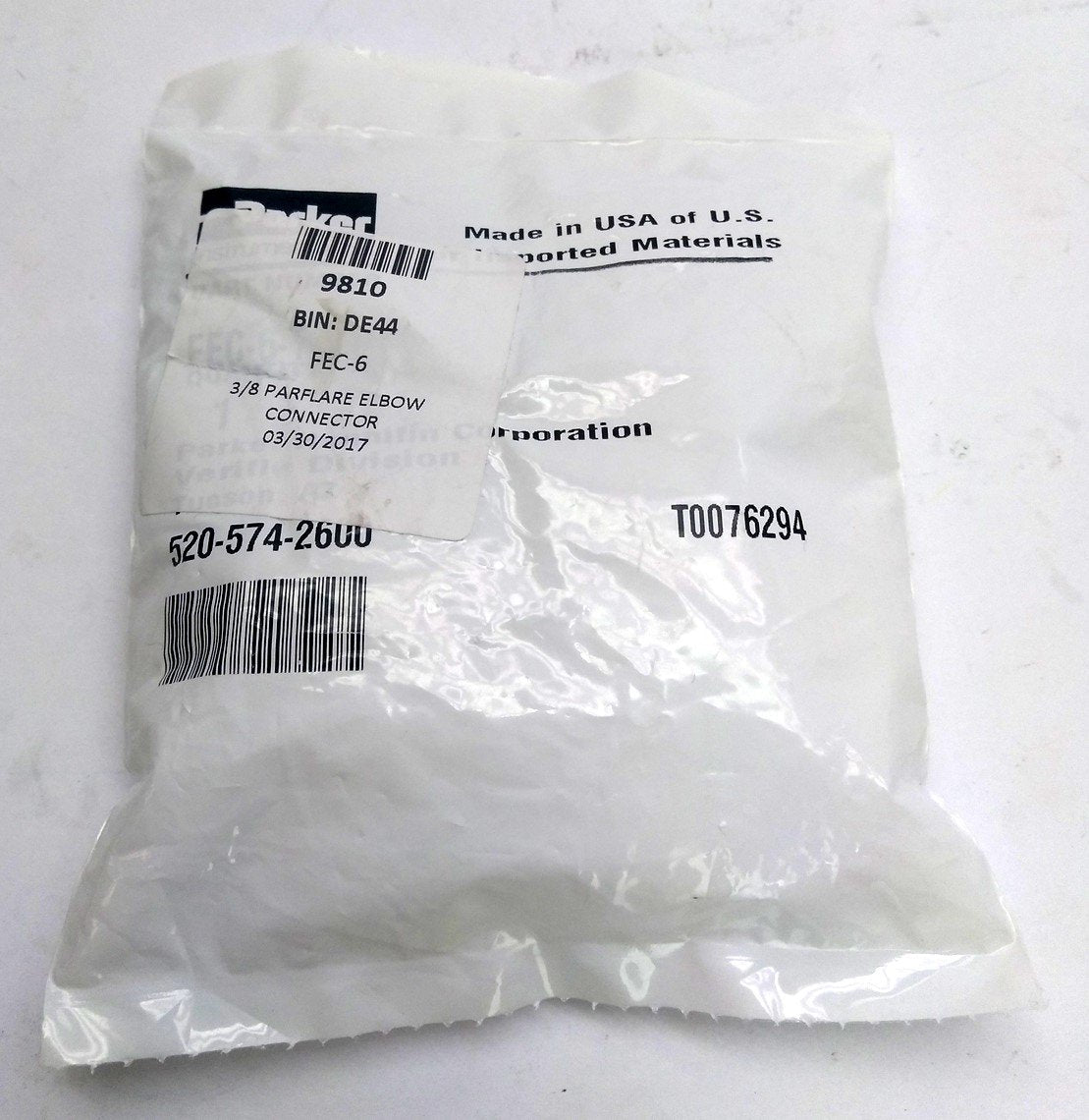 New Parker FEC-6 Parflare Elbow Connector, 3/8" to 3/8" Tube, PFA