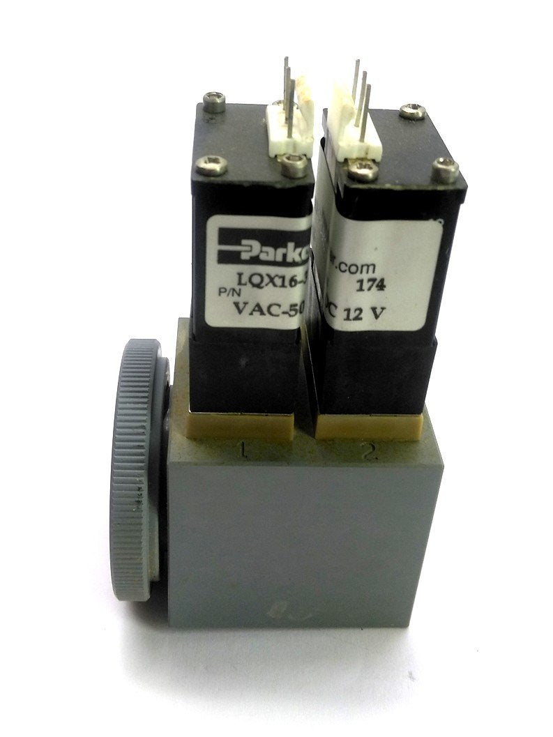 Used Parker LQX16-3W12EPFS-901 Two Solenoid Valves w/Manifold, 3x 1/4-28 50PSI 12VDC