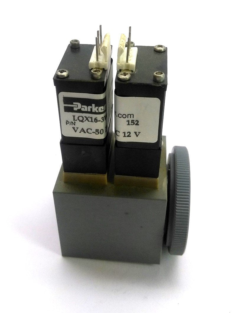 Used Parker LQX16-3W12EPFS-901 Two Solenoid Valves w/Manifold, 3x 1/4-28 50PSI 12VDC