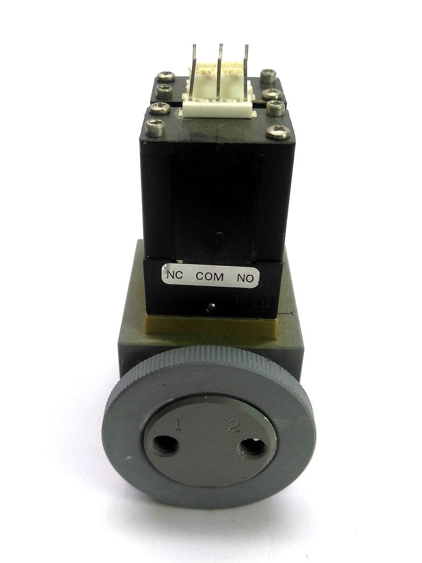 Used Parker LQX16-3W12EPFS-901 Two Solenoid Valves w/Manifold, 3x 1/4-28 50PSI 12VDC