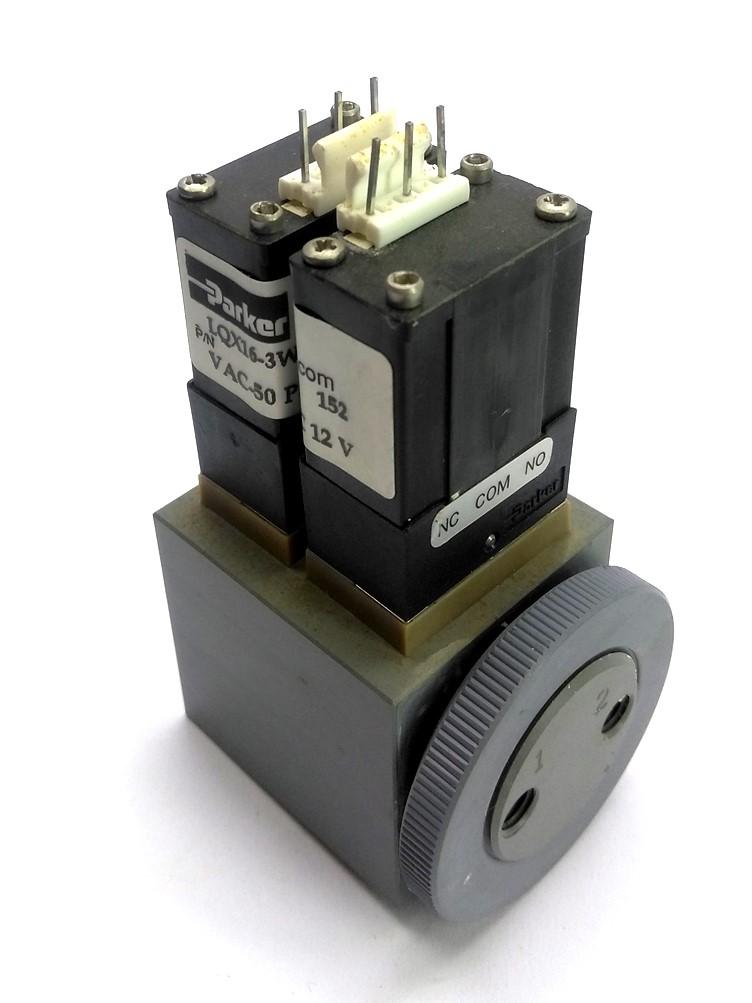 Used Parker LQX16-3W12EPFS-901 Two Solenoid Valves w/Manifold, 3x 1/4-28 50PSI 12VDC