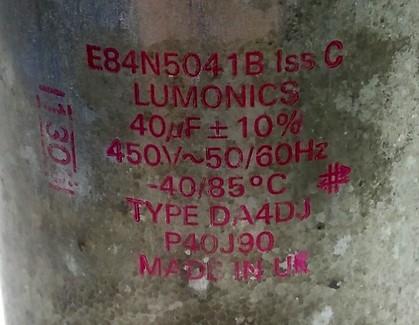 Used GSI Lumonics E84N5041B Capacitor, 40uf ±10%, 450V 50/60Hz, Type: DA4DJ, P40J90