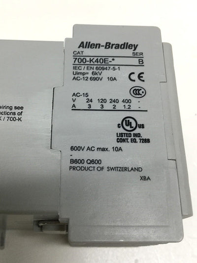 Used Allen Bradley 700-K40E Mini Control Relay Contactor 4-Pole, N.O., 600VAC, 10A