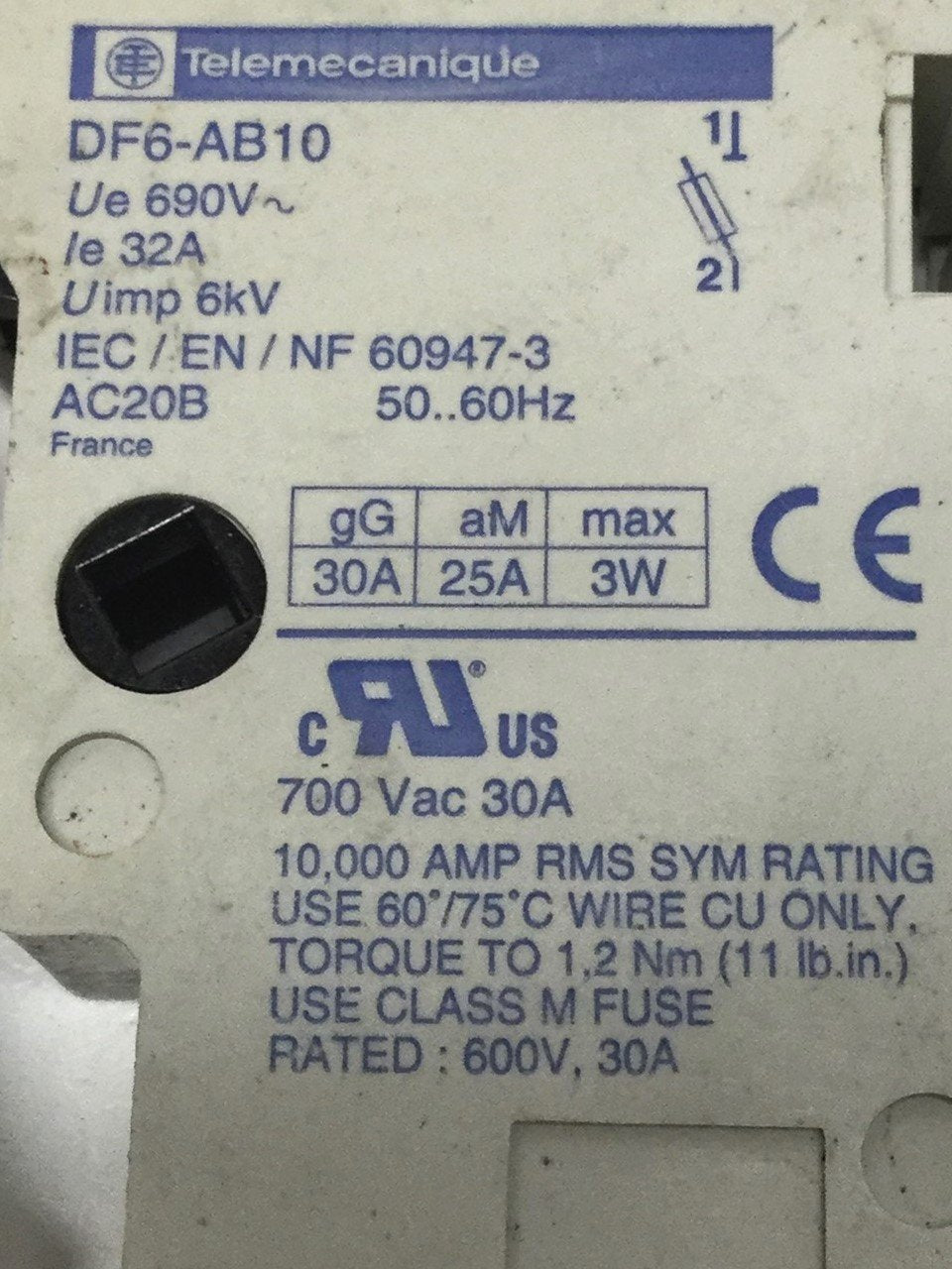 Used Lot of 4 Telemecanique DF6-AB10 Fuse Holders DIN Blocks, Class M, 700VAC 30A