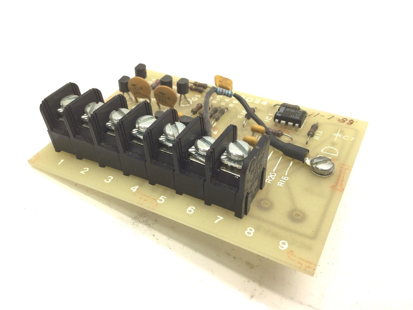 Used Accuweb PCB3024 Board 406-3601 Rev A, 7 Screw Terminals, 3.75"x2.625"x1.5"